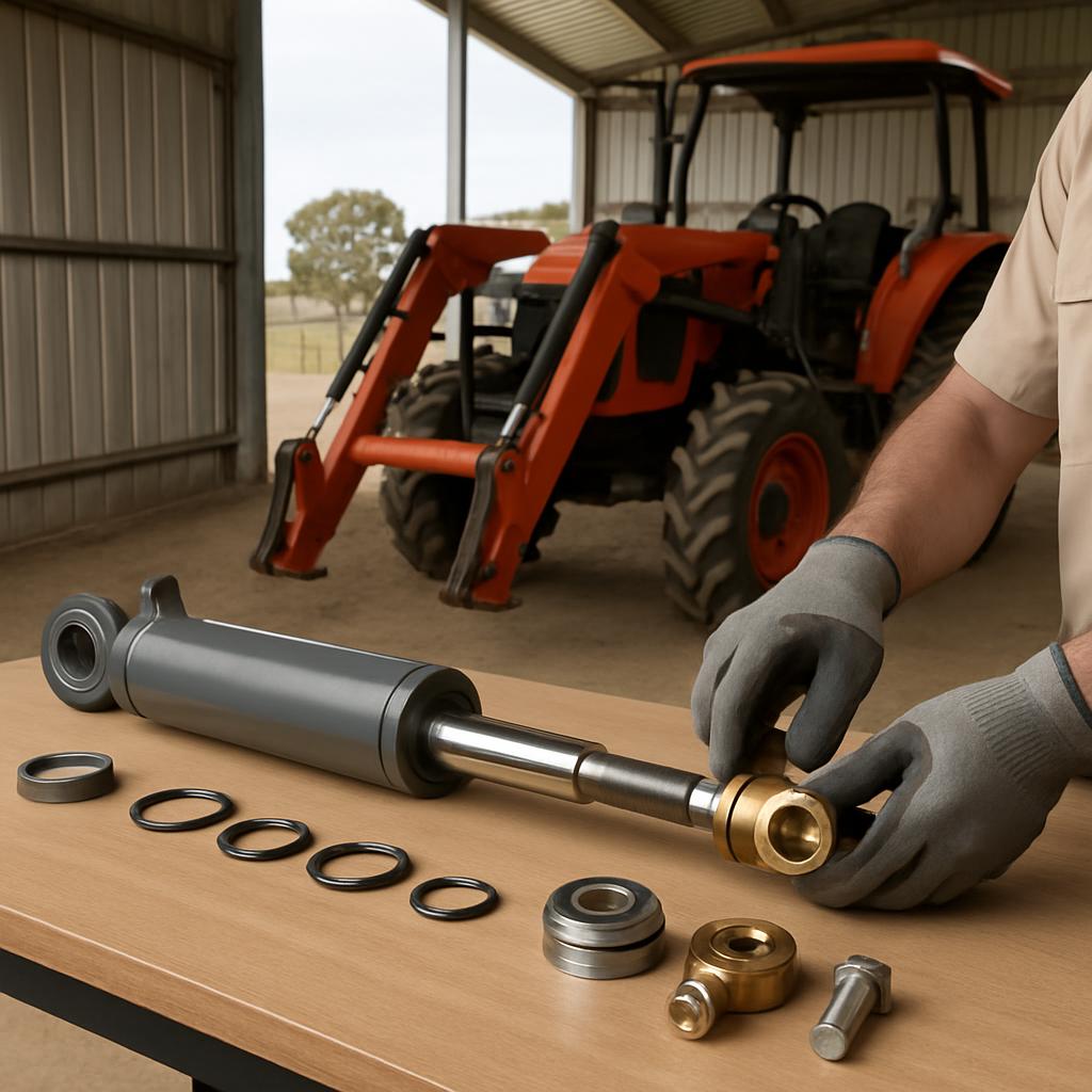The image showcases a person's hands, clad in gray gloves, carefully repairing the assembly of a hydraulic cylinder, which...